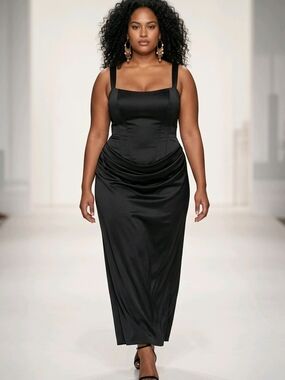 Black Satin Corset-Style Long Dress